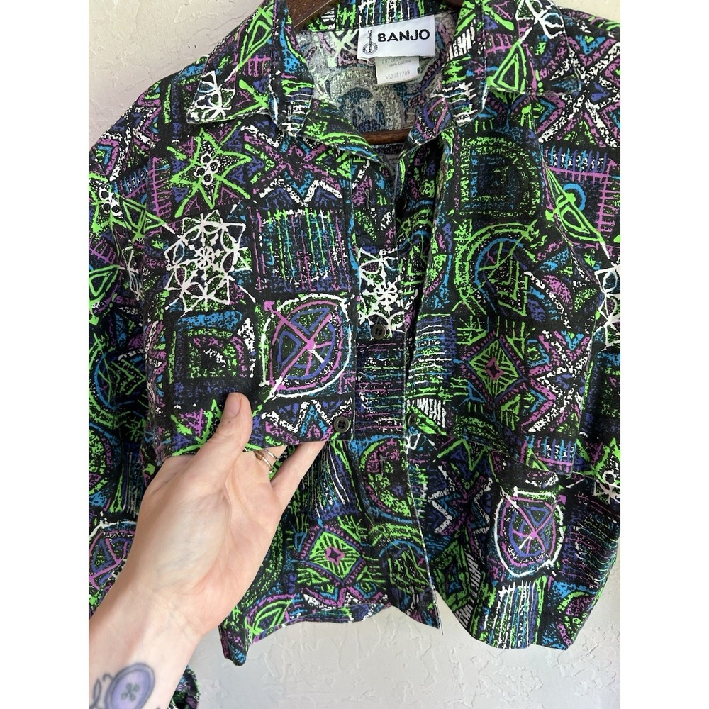 Vintage Banjo Dallas Cropped Button Up Top M Neon Maximalist Rave Grunge 80s 90s - Picture 6 of 7